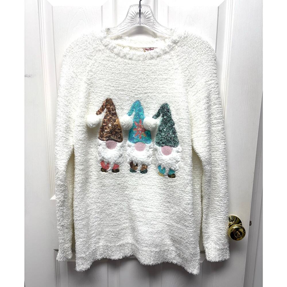 Poof Sweater Fuzzy Sequin Gnome Pom-Pom Christmas Sparkle Women’s Size M